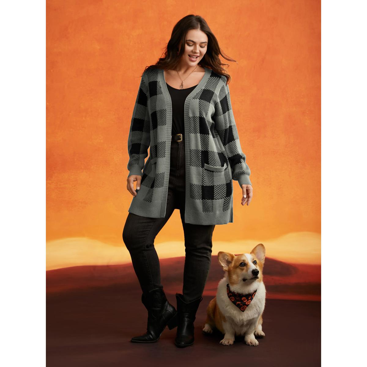 Plus Size Supersoft Essentials Plaid Open Cardigan DarkGray Women Casual Loose Long Sleeve Everyday Cardigans BloomChic 12/L Product Image