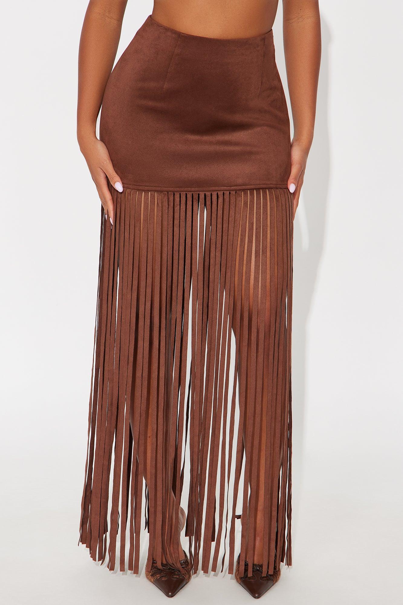On The Fringe Faux Suede Maxi Skirt - Brown Female Product Image