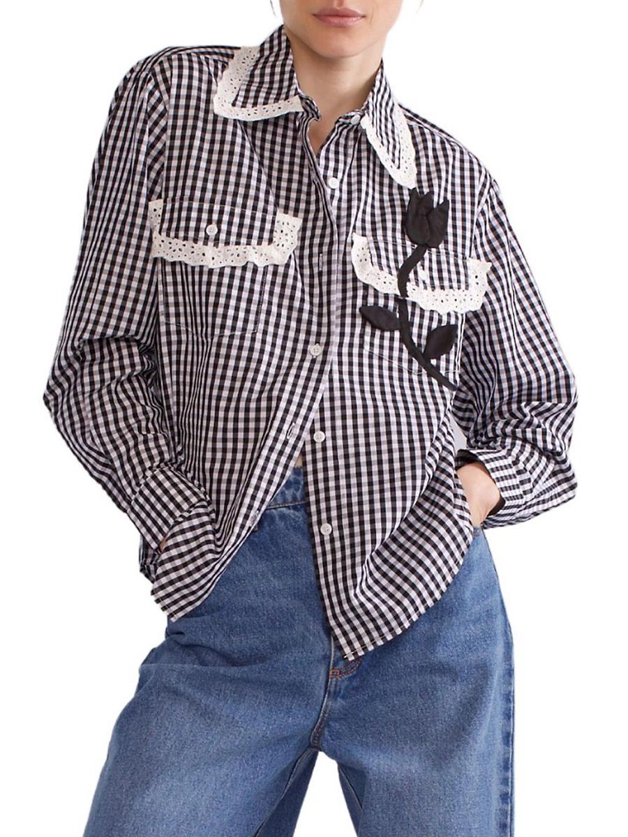 Womens Lace Appliqu Cotton Gingham Shirt Product Image