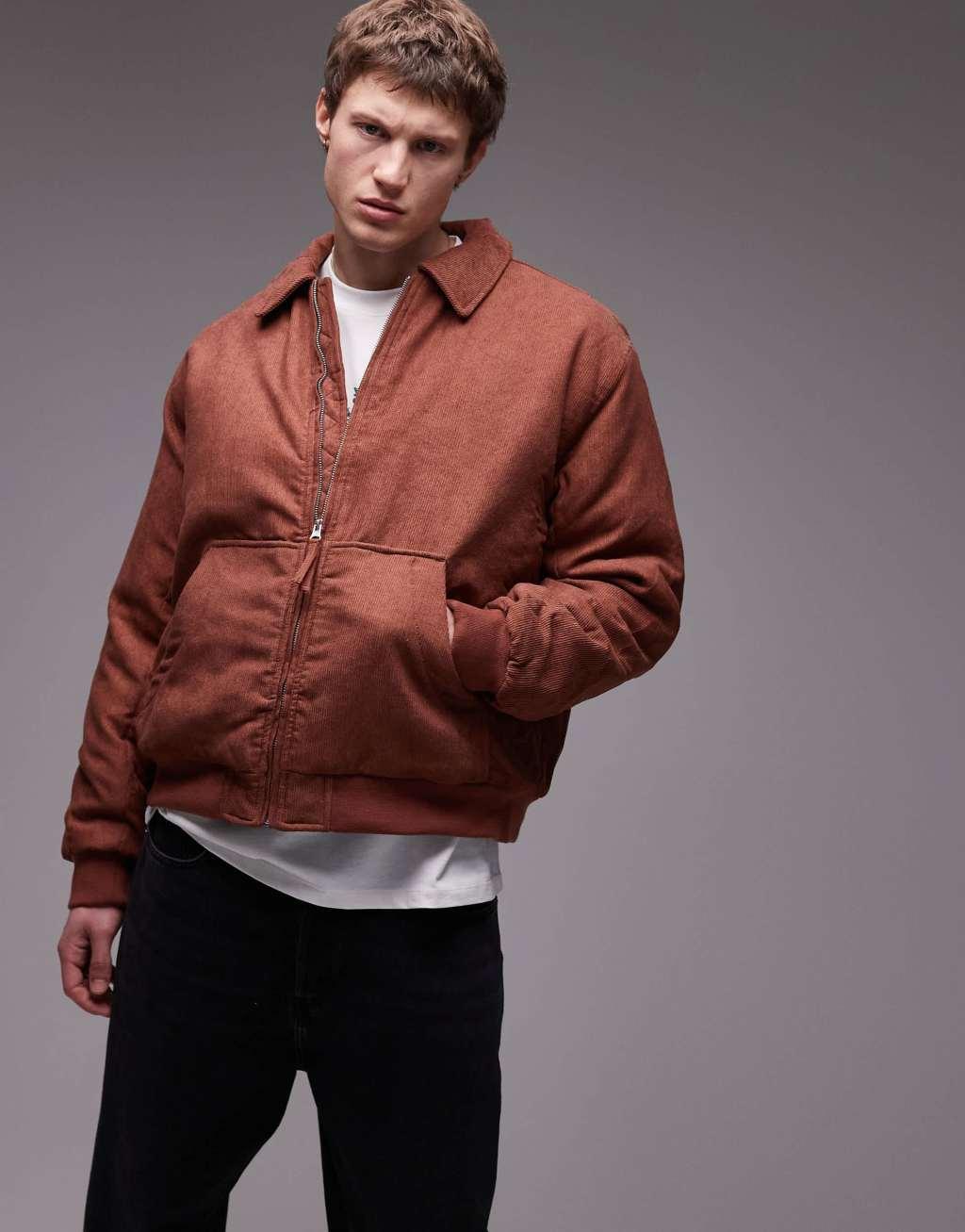 Topman relaxed fit cord bomber jacket in rust Product Image