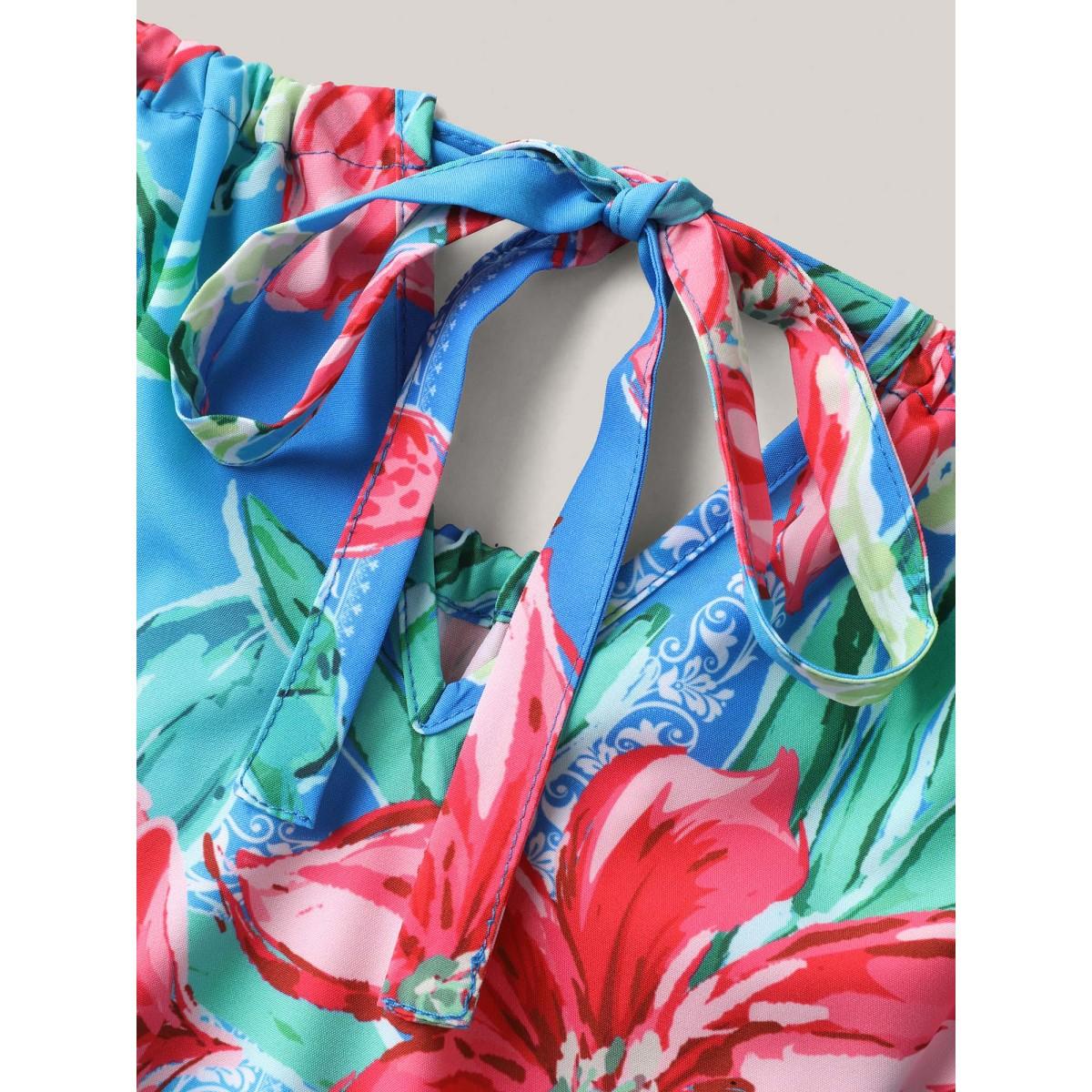 Plus Size Sweet Tropical Print Halter Neck Dress Skyblue Women Halter neck Sleeveless Curvy BloomChic 14-16/1X Product Image