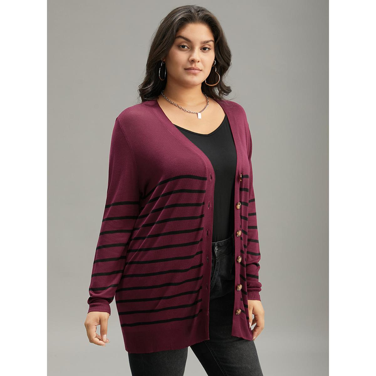 Plus Size Supersoft Essentials Striped Button Fly Tunic Cardigan Burgundy Women Casual Loose Long Sleeve Dailywear Cardigans BloomChic 22-24/3X Product Image