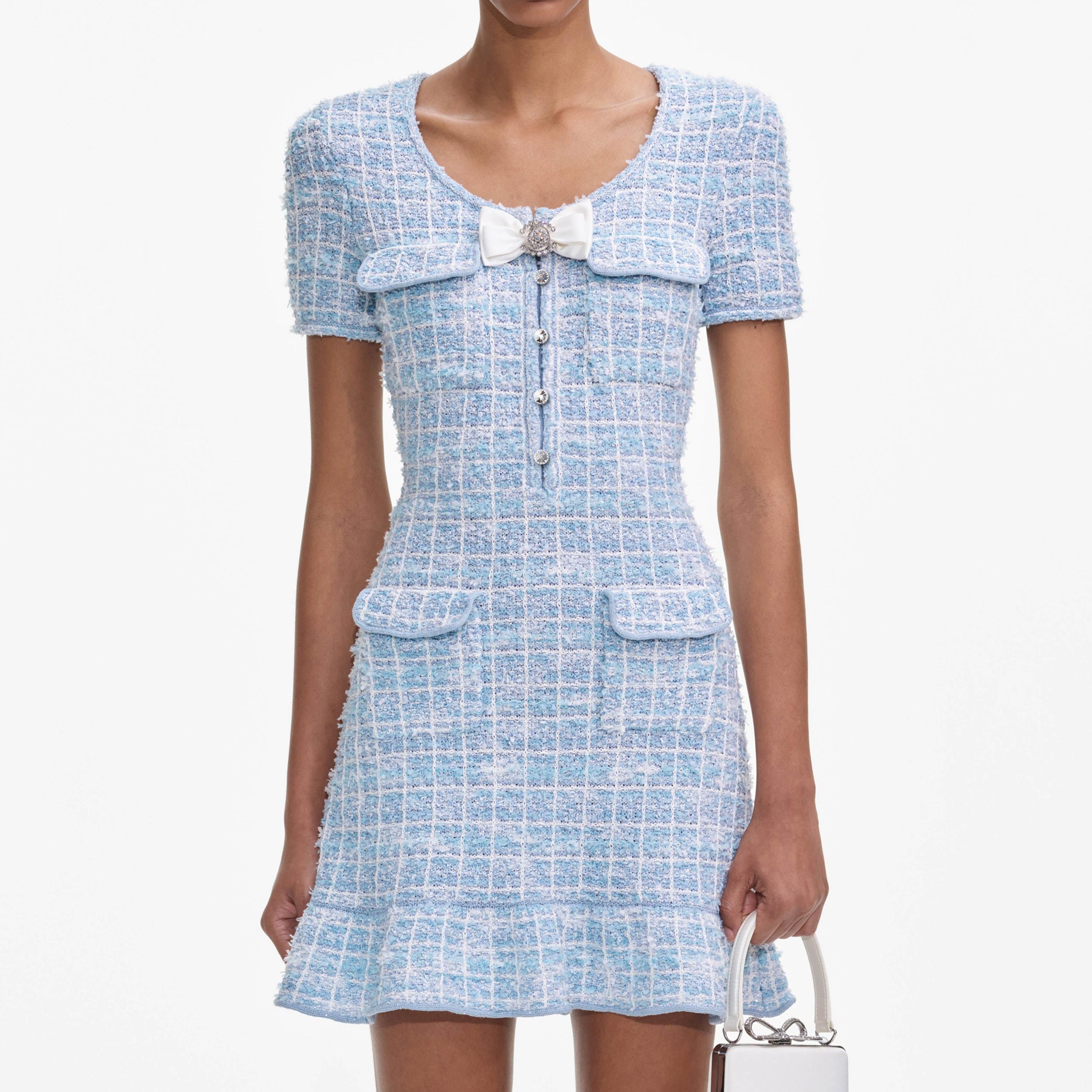 Blue Check Knit Mini Dress Product Image
