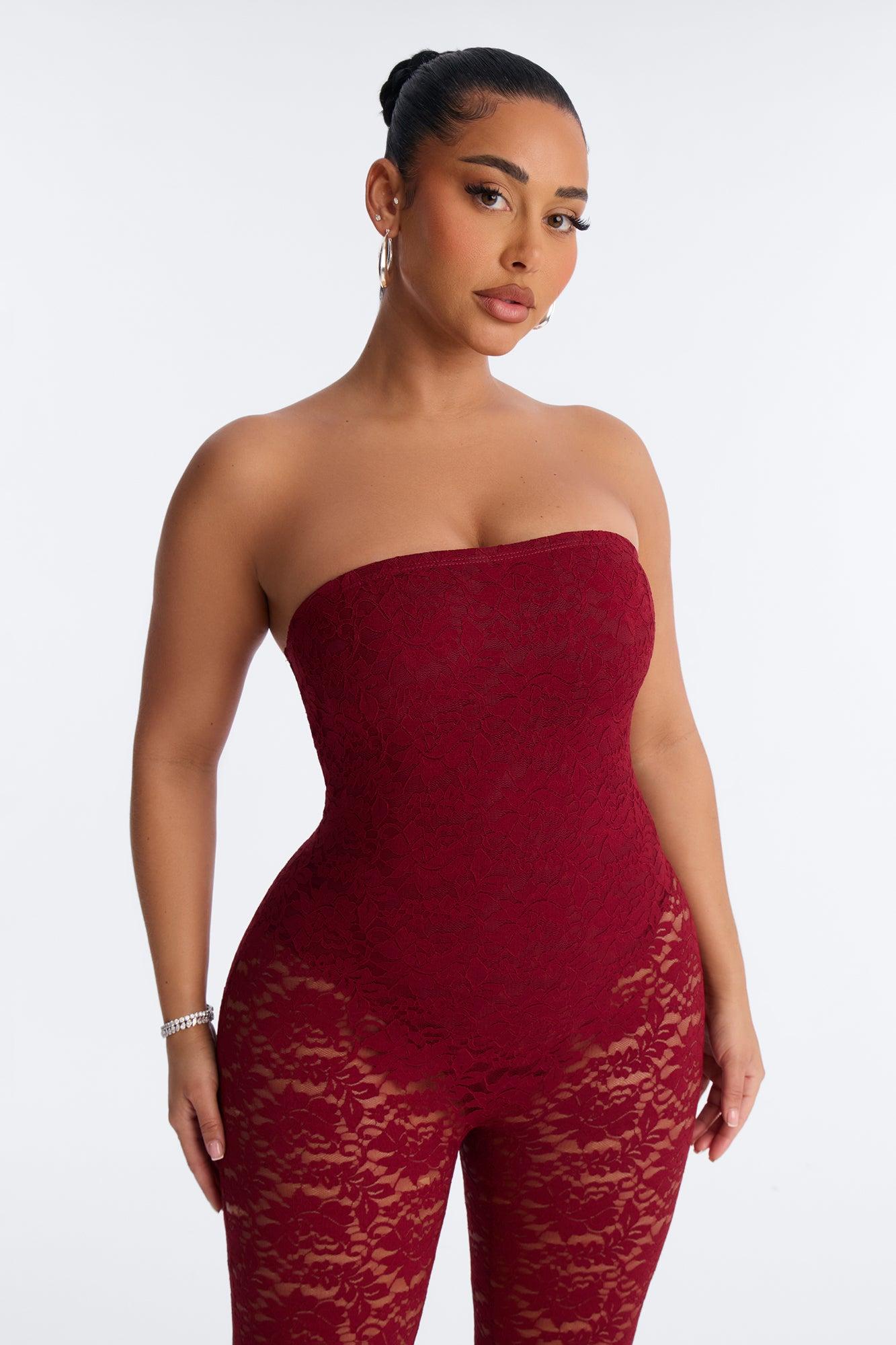 Mara Strapless Lace Capri Catsuit - Wine Female Product Image