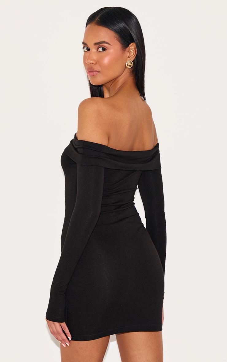 Black Cotton Bardot Fold Over Mini Dress Product Image