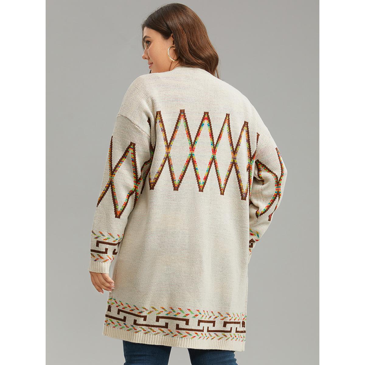 Plus Size Boho Geometric Print Open Front Cardigan Beige Women Casual Loose Long Sleeve Everyday Cardigans BloomChic 10/M Product Image