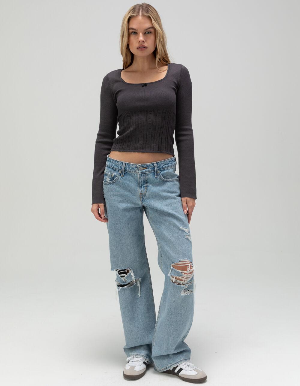 NO COMMENT Pointelle Bow Pullover Sweater - BLACK Product Image