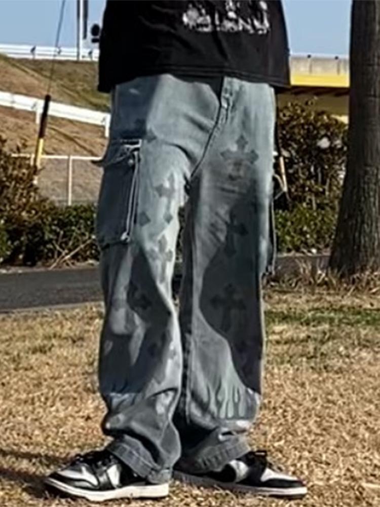 Sopula Men's Vintage Wash Cross Cargo Boyfriend Street Jeans Product Image