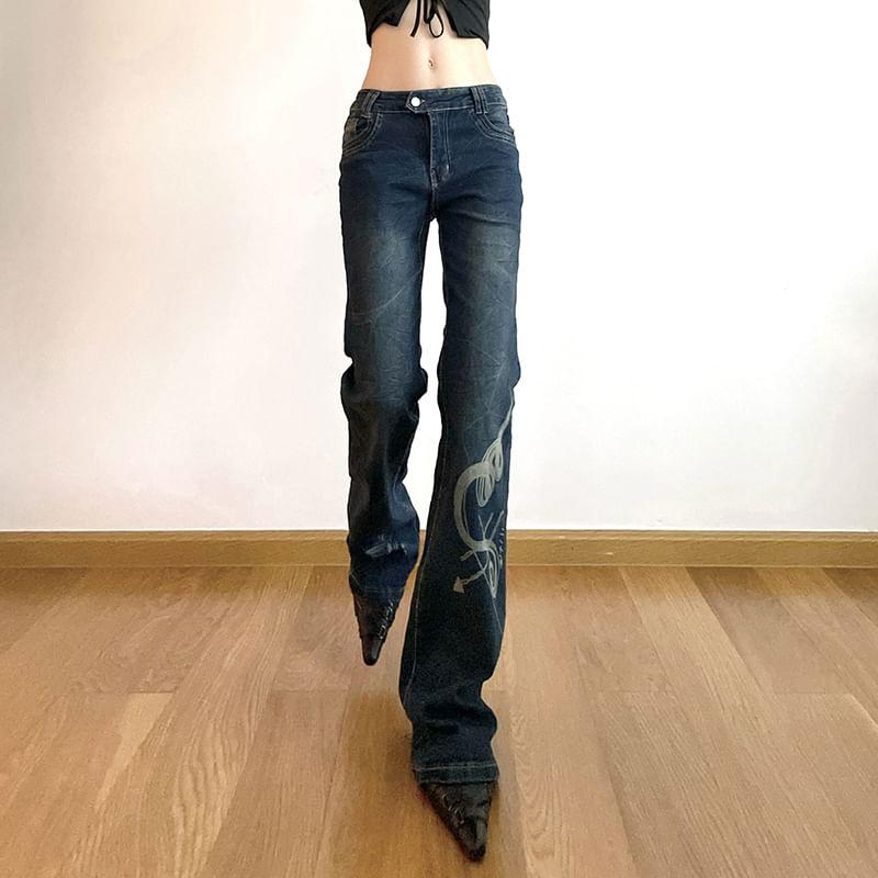 Low Waist Graphic Print Slim-Fit Boot-Cut Jeans Product Image