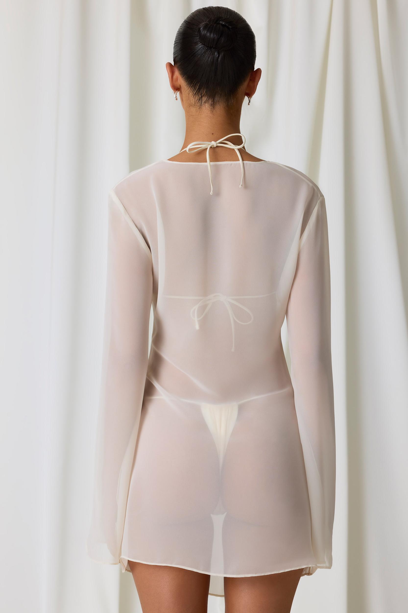 Pearl-Detail Cowl-Neck Micro Mini Dress in Pearl White Product Image