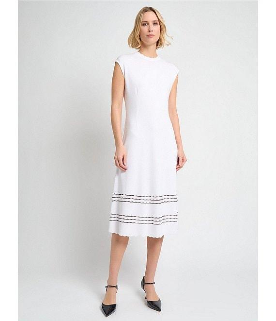 MISOOK Soft Knit Round Neck Cap Sleeve Scallop Trim A-Line Midi Dress Product Image