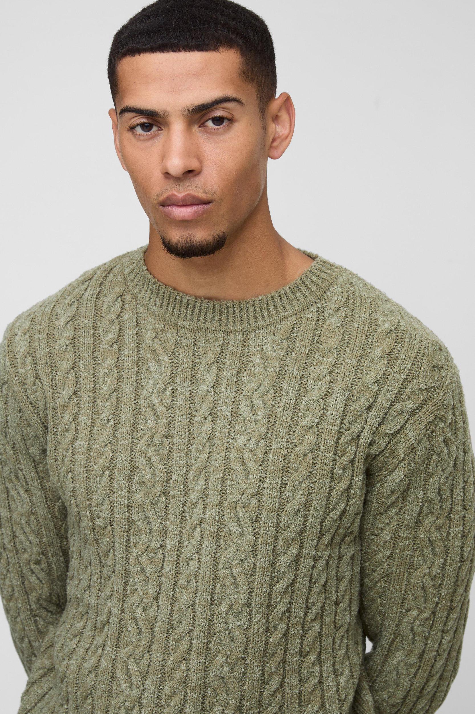 Regular Fit Boucle Cable Knit Crew Neck Sweater | boohooMAN USA Product Image