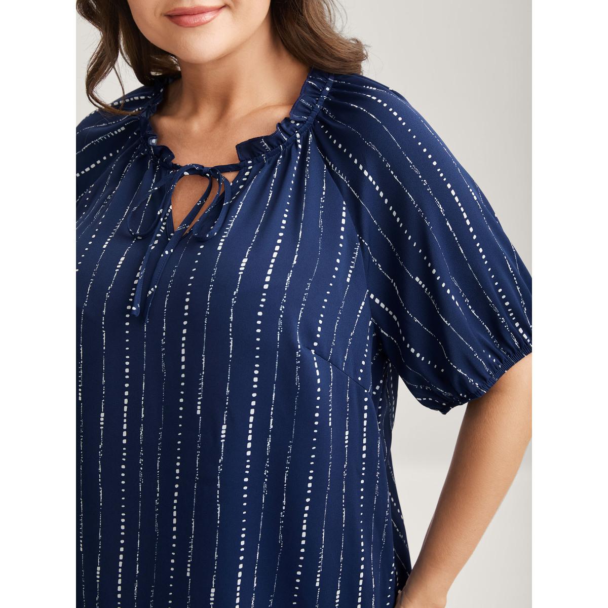 Plus Size DarkBlue Textured Notched Collar Tie Puffy Blouse Women Short sleeve Notched collar Office Blouses BloomChic 10/M Product Image