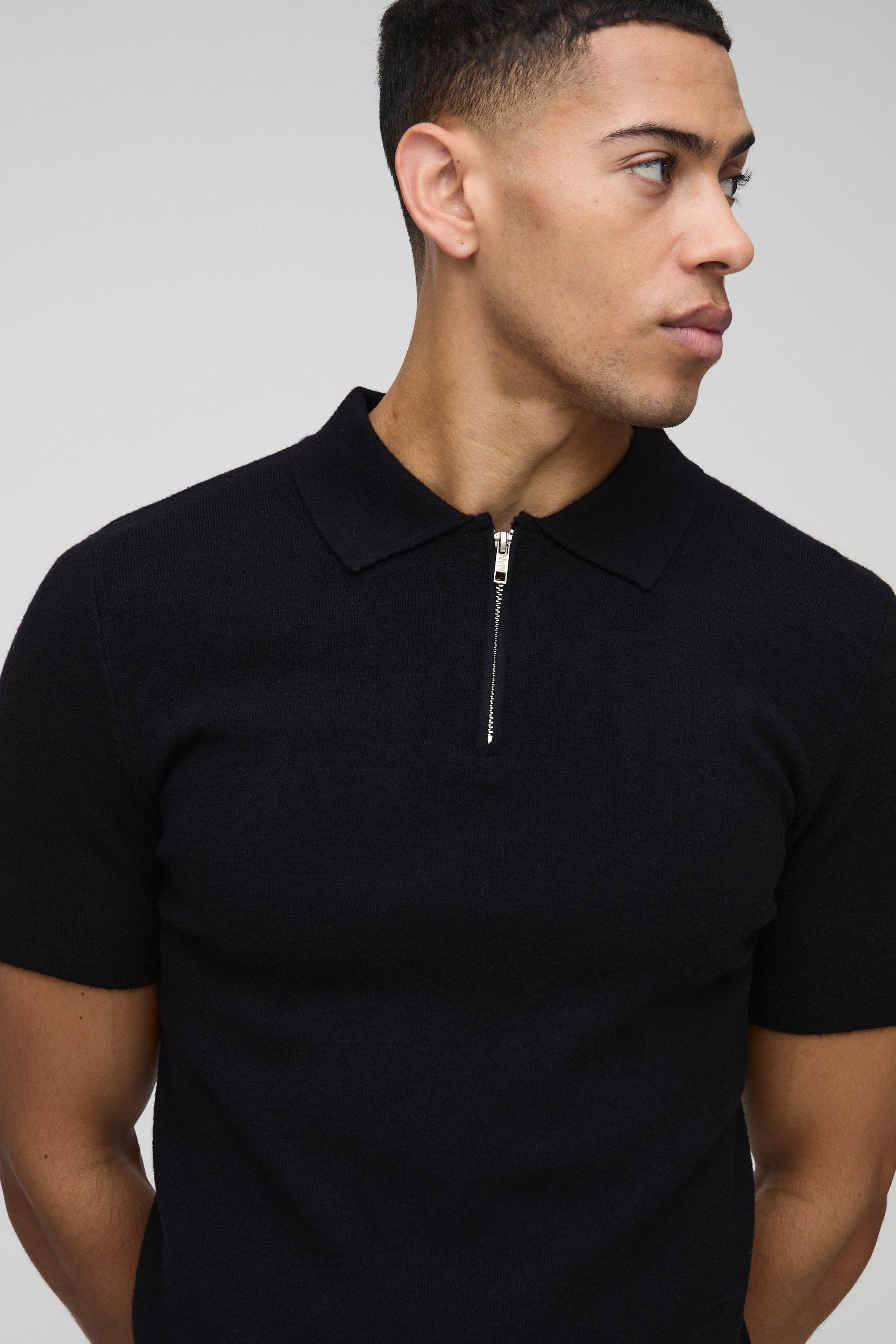 Muscle Fit Zip Neck Knitted Polo | boohooMAN USA Product Image