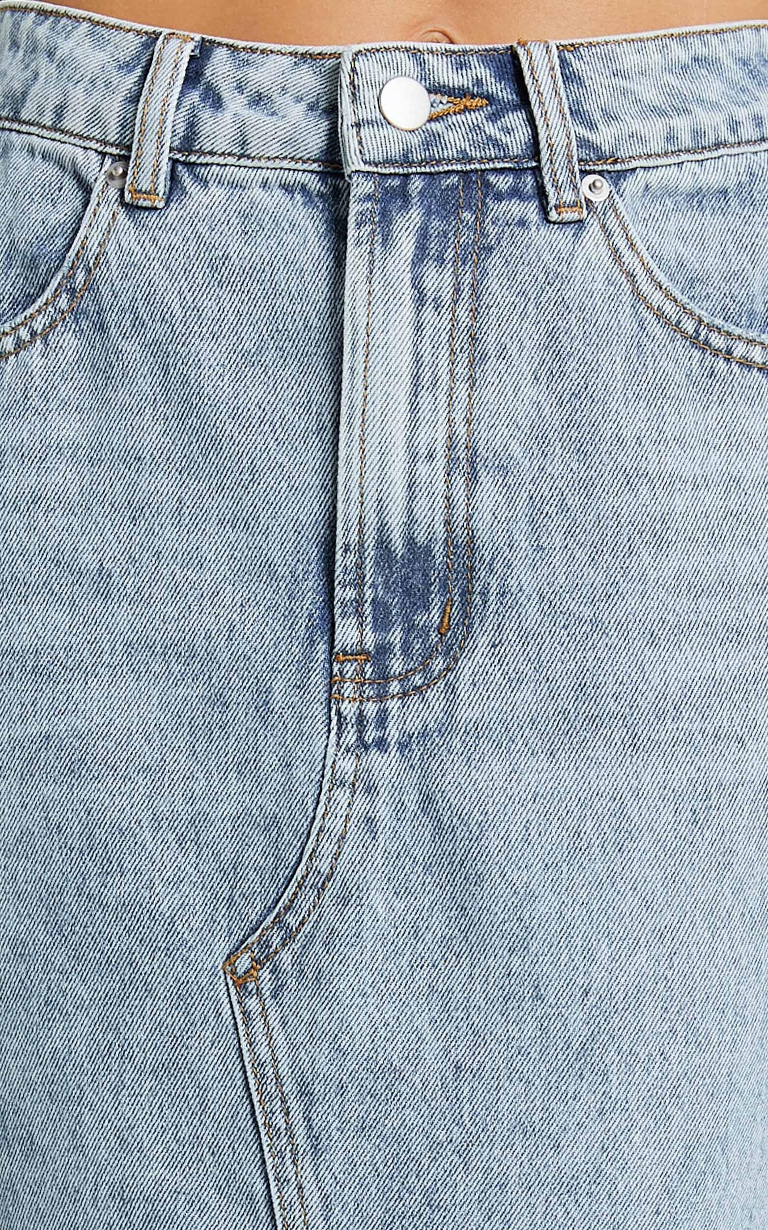 Kira Midi Skirt - Front Split Denim Skirt in Light Blue Wash Product Image