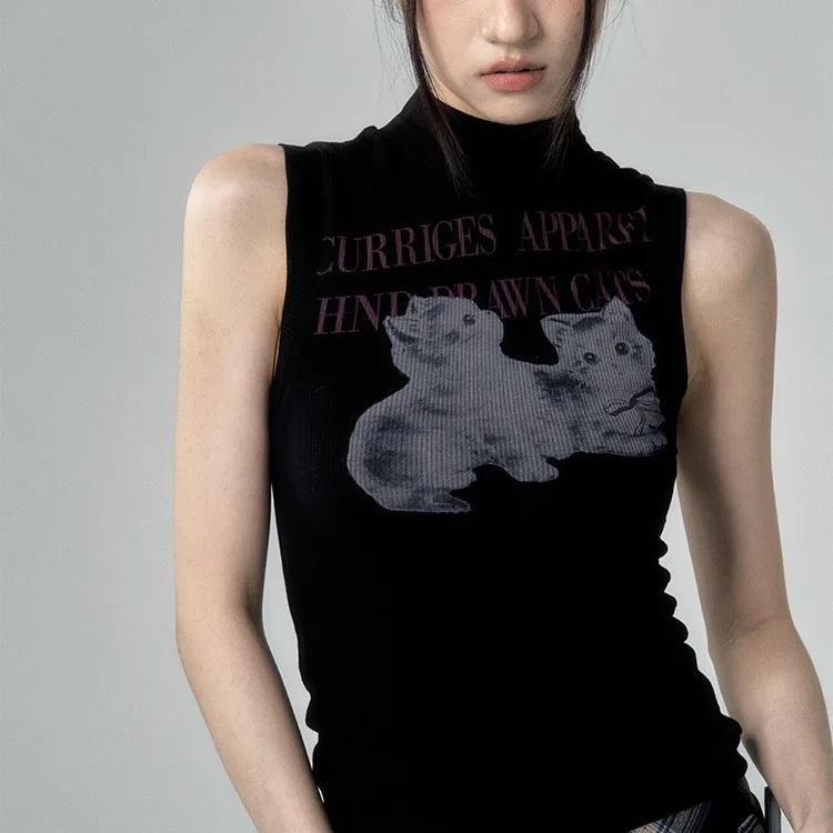 Cat Print Mock Neck Tank Top Product Image