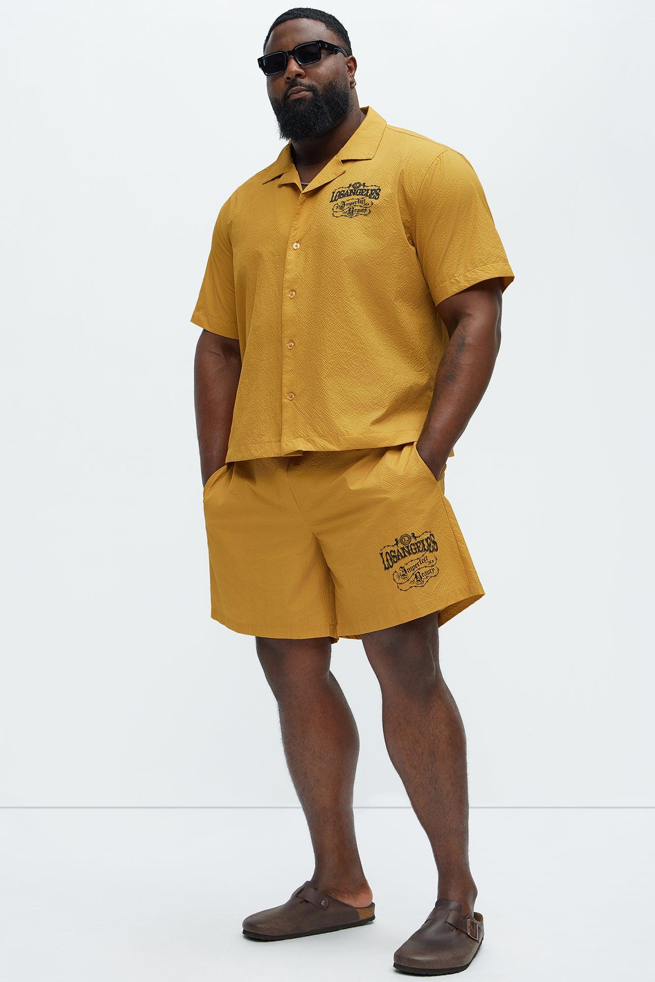 Waffle Crinkled Cuban Collar Shirt - Yellow Product Image