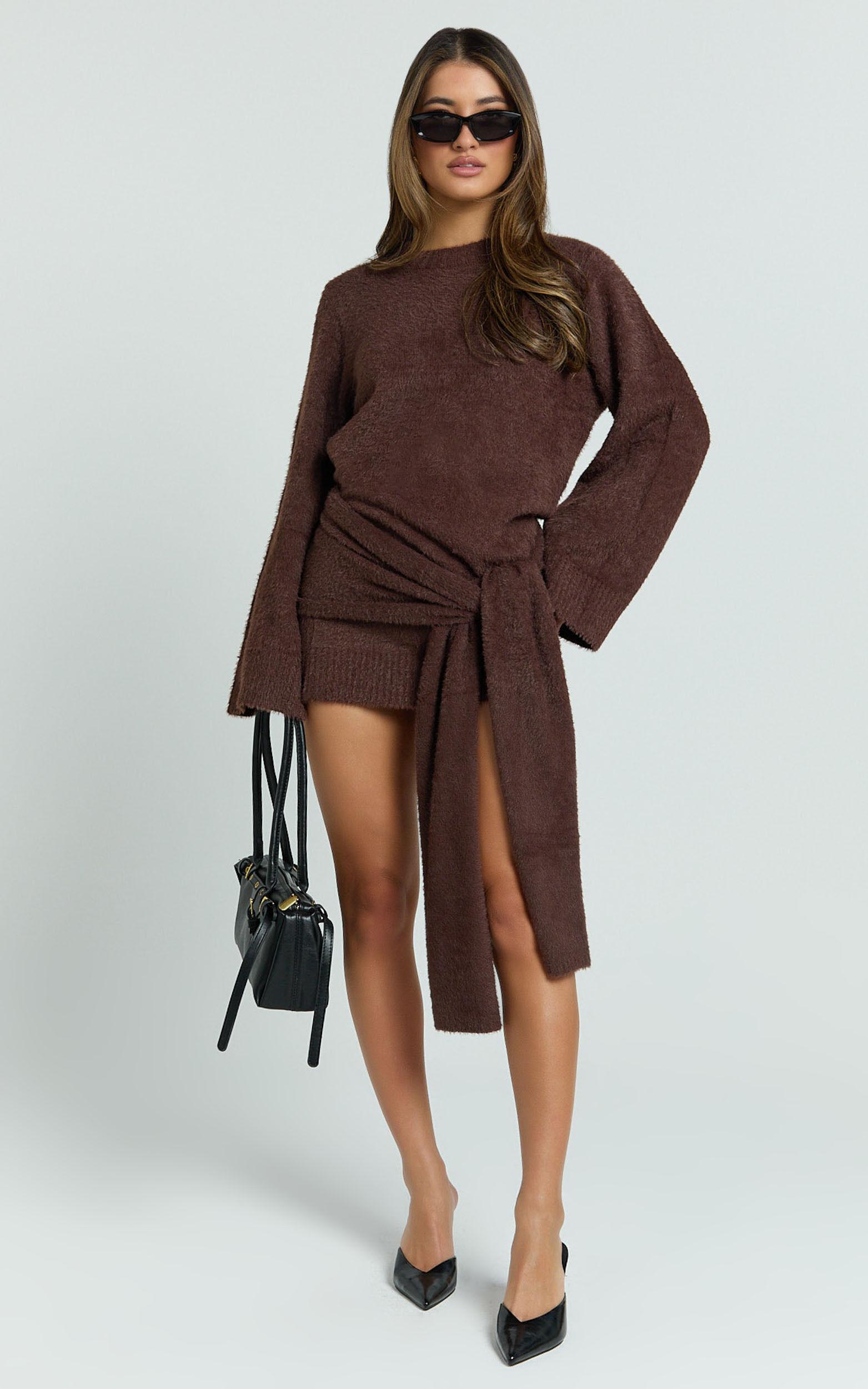 Tisdale Mini Dress - Wrap Skirt Fluffy Knit Jumper Dress in Chocolate Product Image