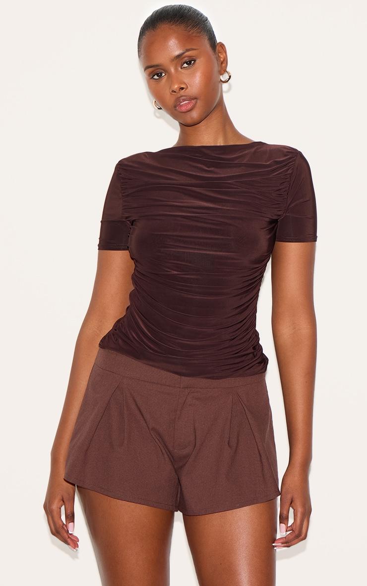 Chocolate Linen Blend Pleat Detail Tailored Shorts Product Image