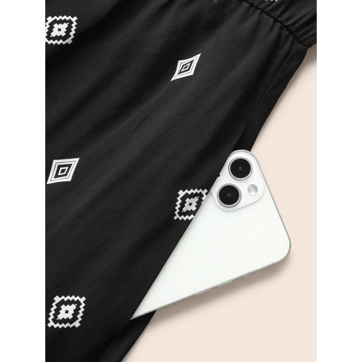 Plus Size Cami Printed A-line Midi Dress Black Women Resort Belted V-neck Sleeveless Curvy BloomChic 22-24/3X Product Image