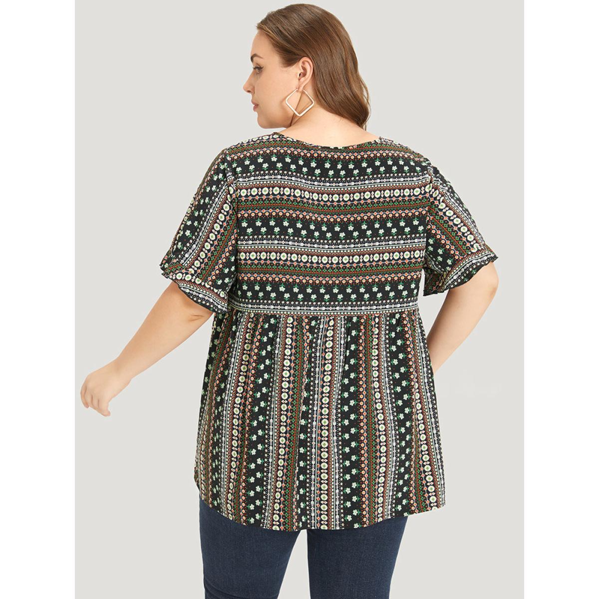 Plus Size Multicolor Bandana Patchwork Ruffle Sleeve Blouse Women Vacation Short sleeve Round Neck Dailywear Blouses BloomChic 30/6X Product Image