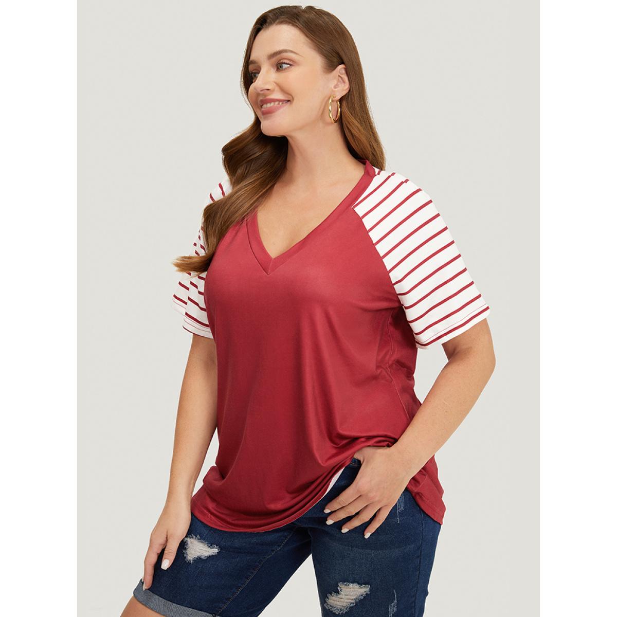 Plus Size Striped Contrast Raglan Sleeve V Neck T-shirt Scarlet Women Casual Patchwork Striped V-neck Dailywear T-shirts BloomChic 14-16/1X Product Image
