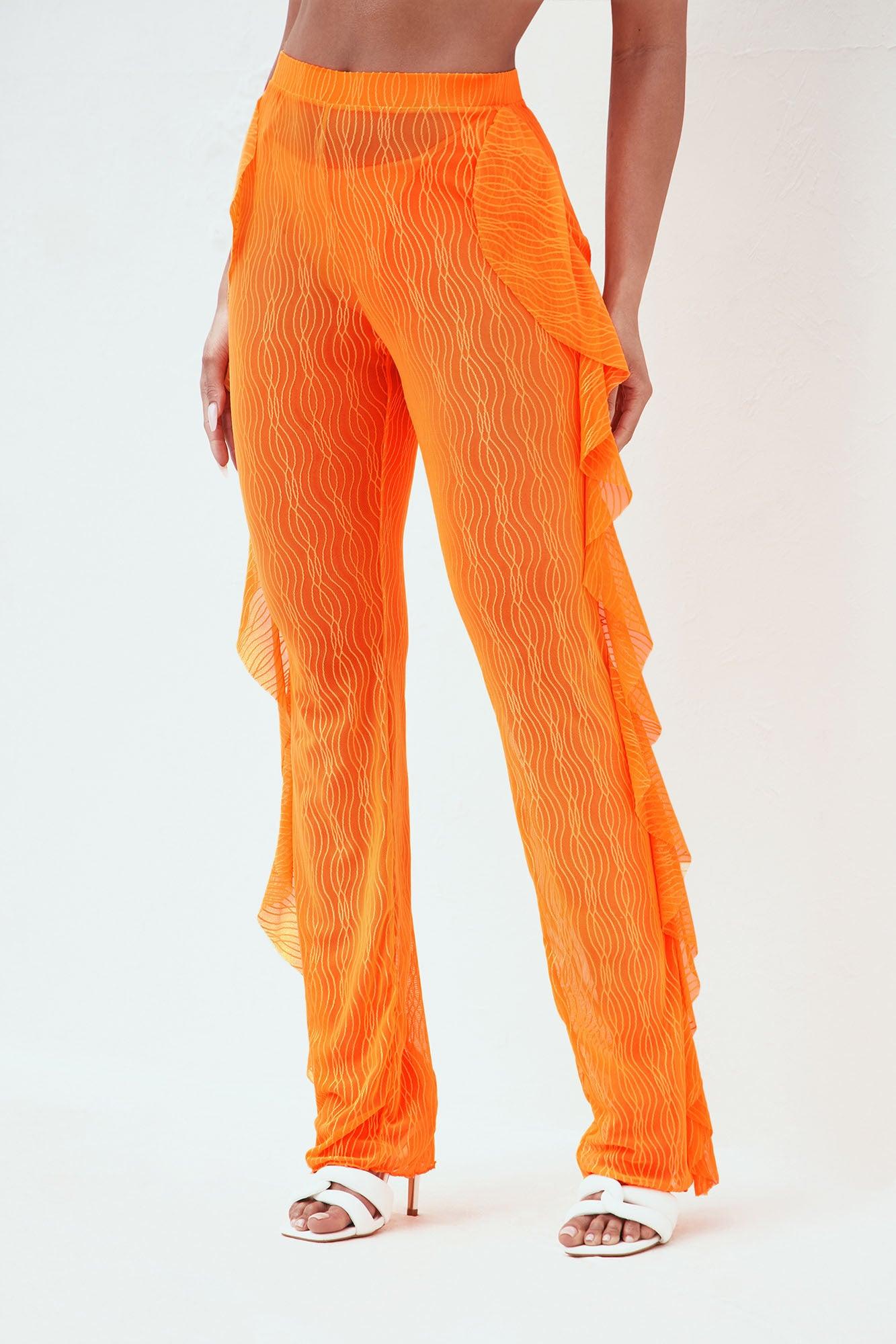 Sunshine See Through Ruffle Textured Mesh Cover Up Pants - Orange Product Image