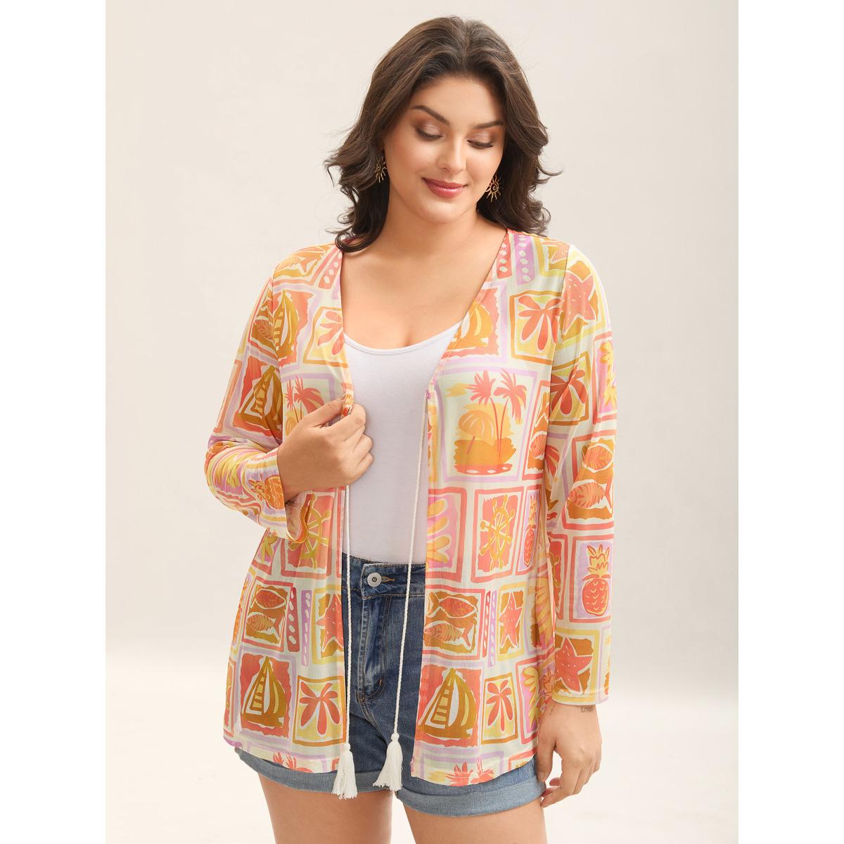 Plus Size Island Ready Print Mesh Tassels Kimono Women Multicolor Tie knot Vacation Kimonos BloomChic 28/5X Product Image