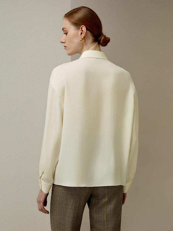 Pleated Point Collar Silk Blouse Product Image