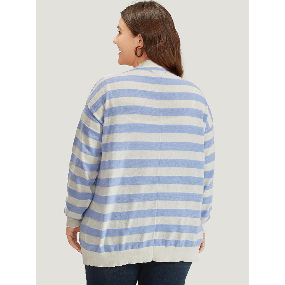 Plus Size Striped Button Down Patched Pocket Cardigan LightBlue Women Casual Loose Long Sleeve Everyday Cardigans BloomChic 30/6X Product Image