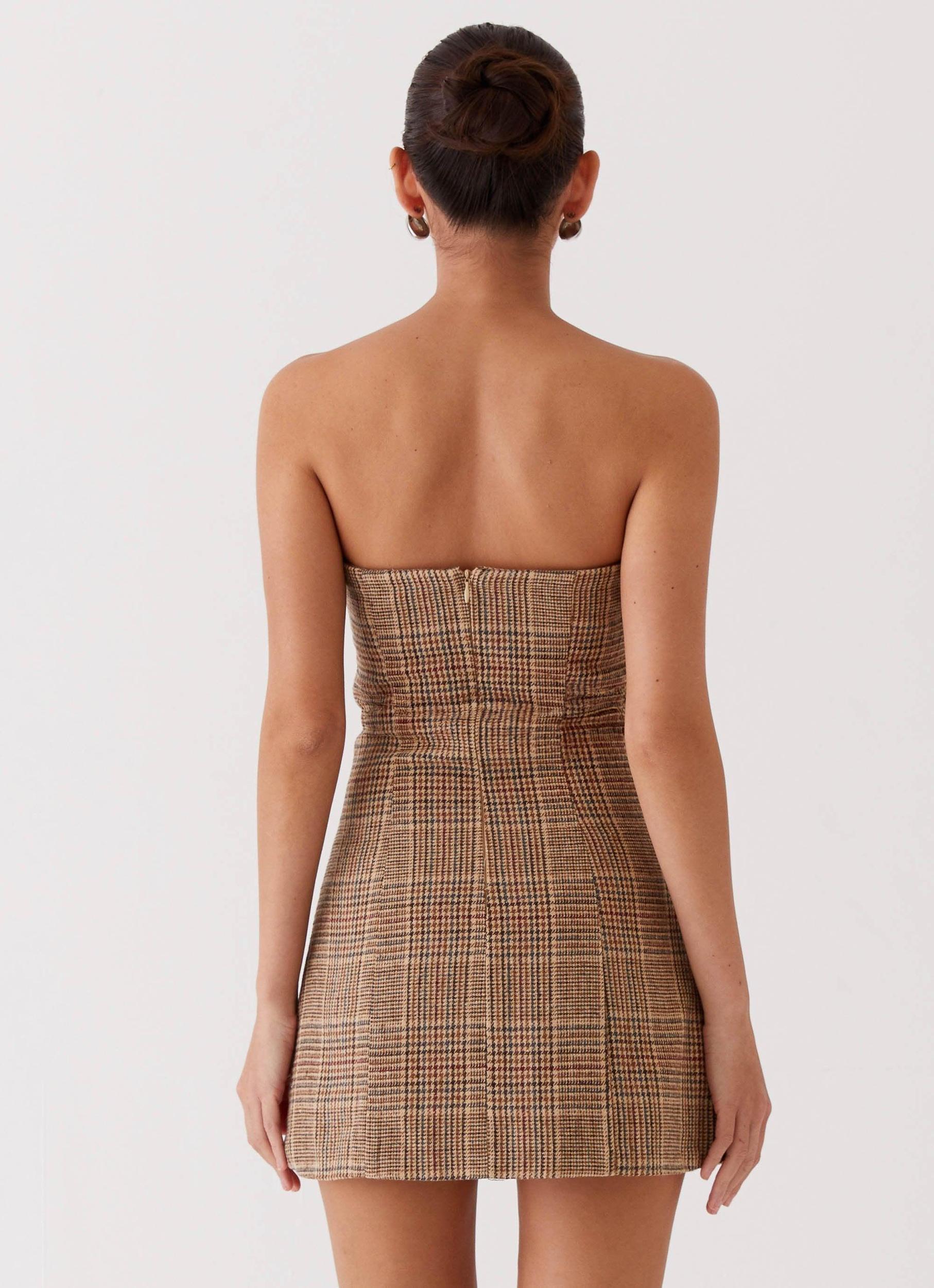Vivenda Strapless Mini Dress - Brown Plaid Product Image