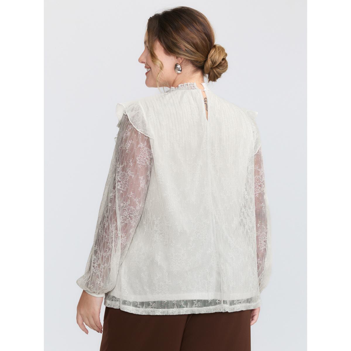 Plus Size Ivory Pleated Lace Mock Neckline Sheer Blouse Women Romantic Long Sleeve Mock Neck Elegant Blouses BloomChic 12/L Product Image