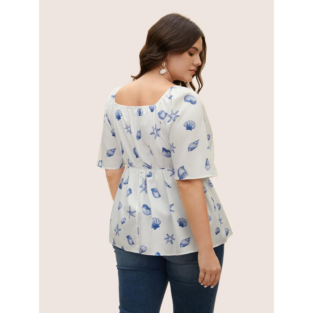 Plus Size Skyblue Square Neck Marine Elements Contrast Webbing Blouse Women Resort Half Sleeve Square Neck Vacation Blouses BloomChic 10/M Product Image