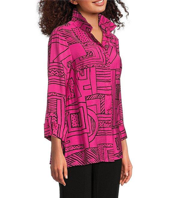 Ali Miles Printed Wire Collar 3/4 Sleeve Button Front Side Slit Tunic Product Image