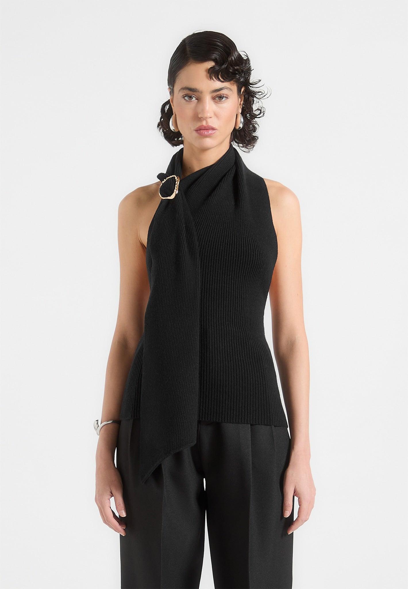 Elodie - Knitted Draped Halterneck Top - Black Female Product Image