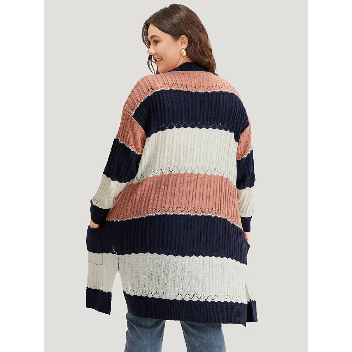 Plus Size Colorblock Contrast Eyelet Open Front Cardigan Multicolor Women Casual Loose Long Sleeve Dailywear Cardigans BloomChic 30/6X Product Image