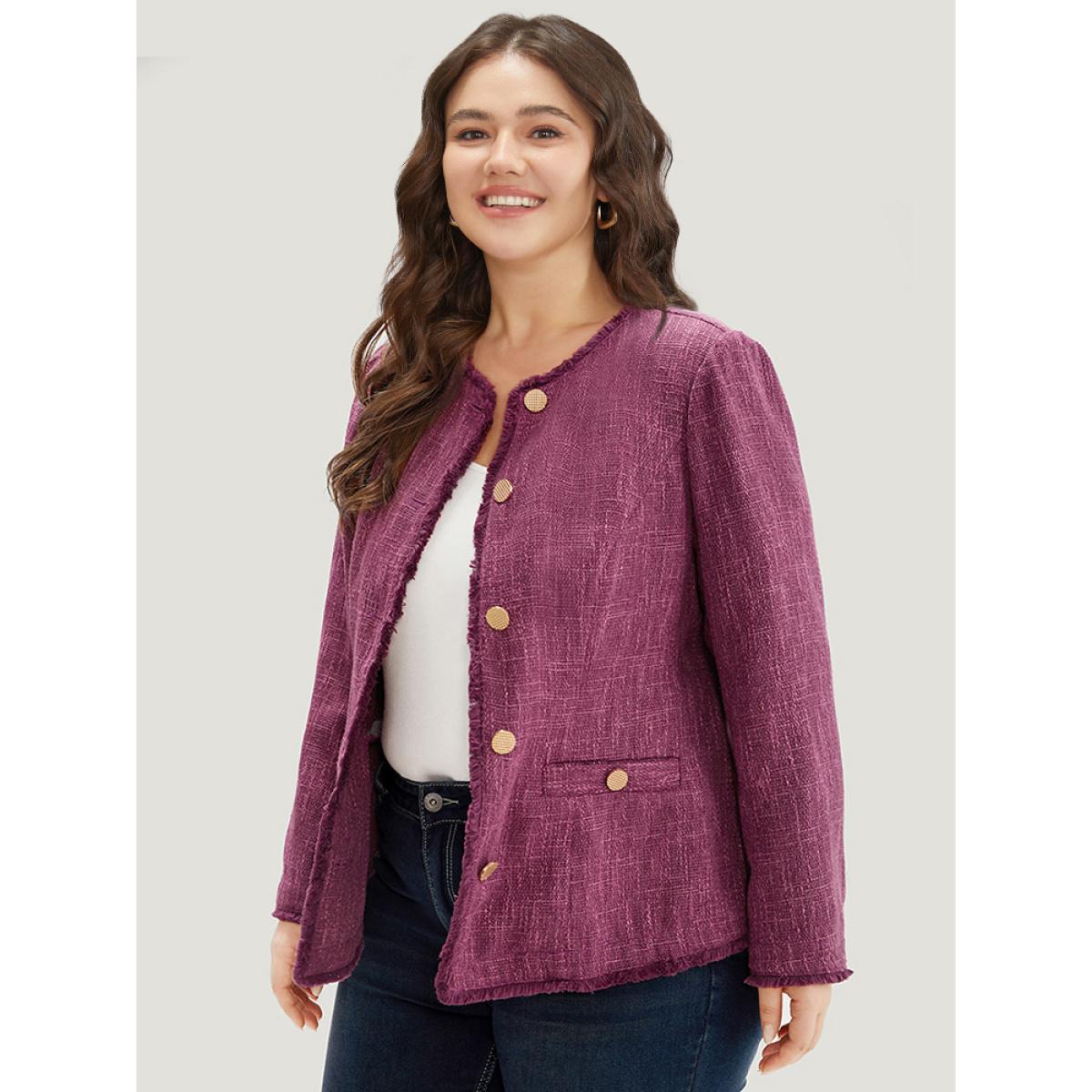 Plus Size Texture Buckle Detail Fuzzy Trim Jacket Women RedViolet Texture Pocket Dailywear Jackets BloomChic 22-24/3X Product Image