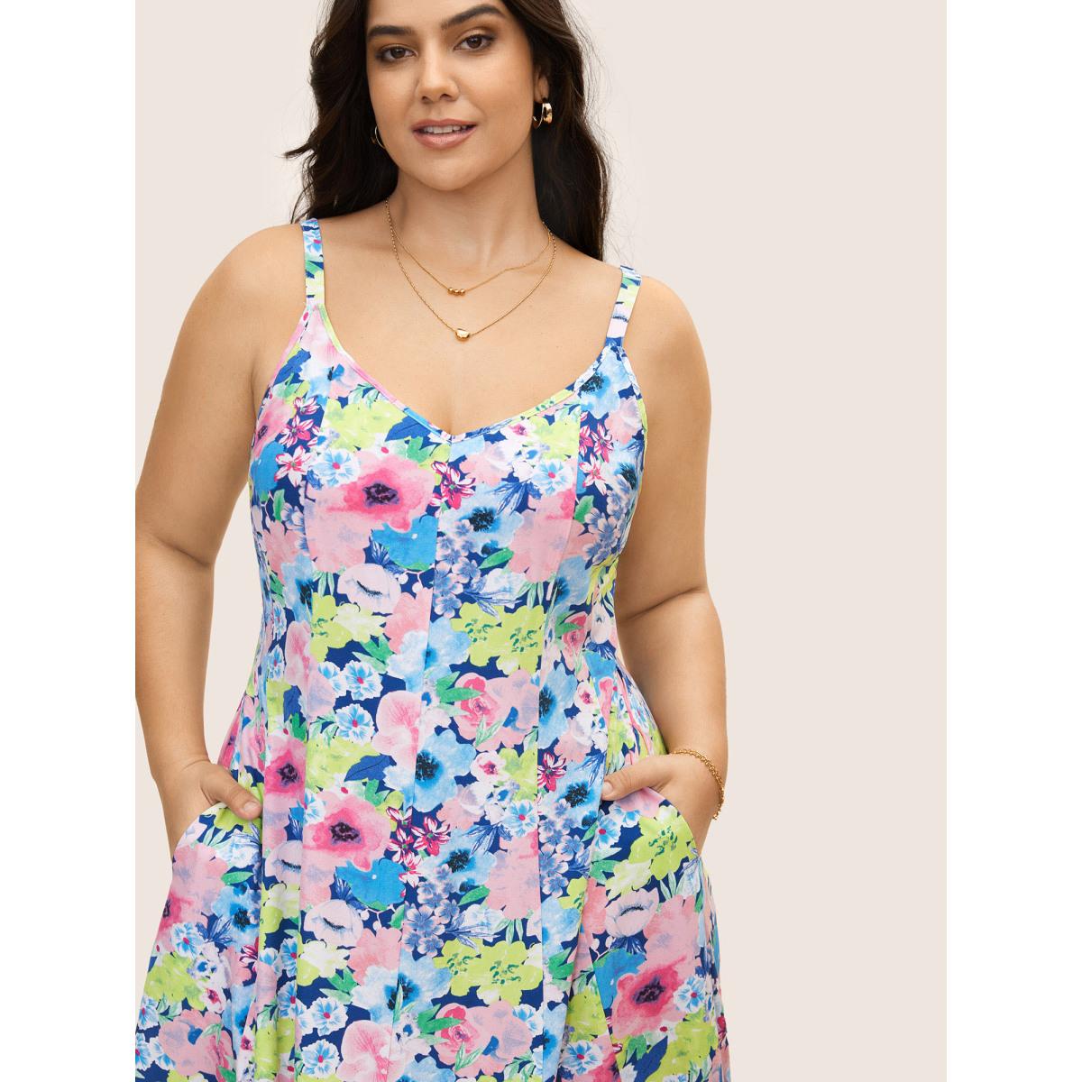 Plus Size V Neck Watercolor Floral Pleated Maxi Dress Brightblue Women Elegant Non V-neck Sleeveless Curvy BloomChic 26/4X Product Image