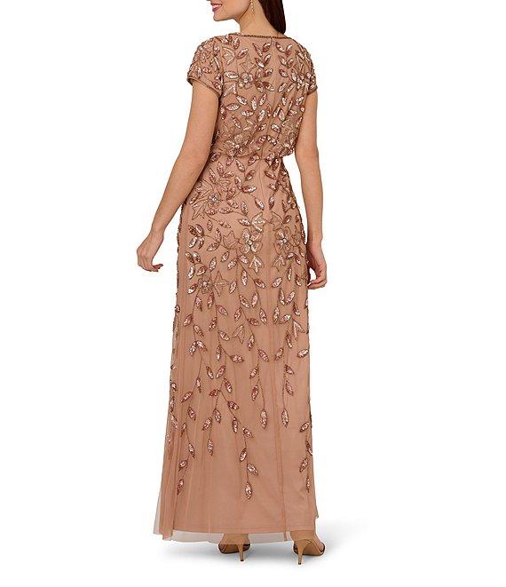 Adrianna Papell Beaded Mesh Crew Neck Short Sleeve Blouson Long Dress Product Image