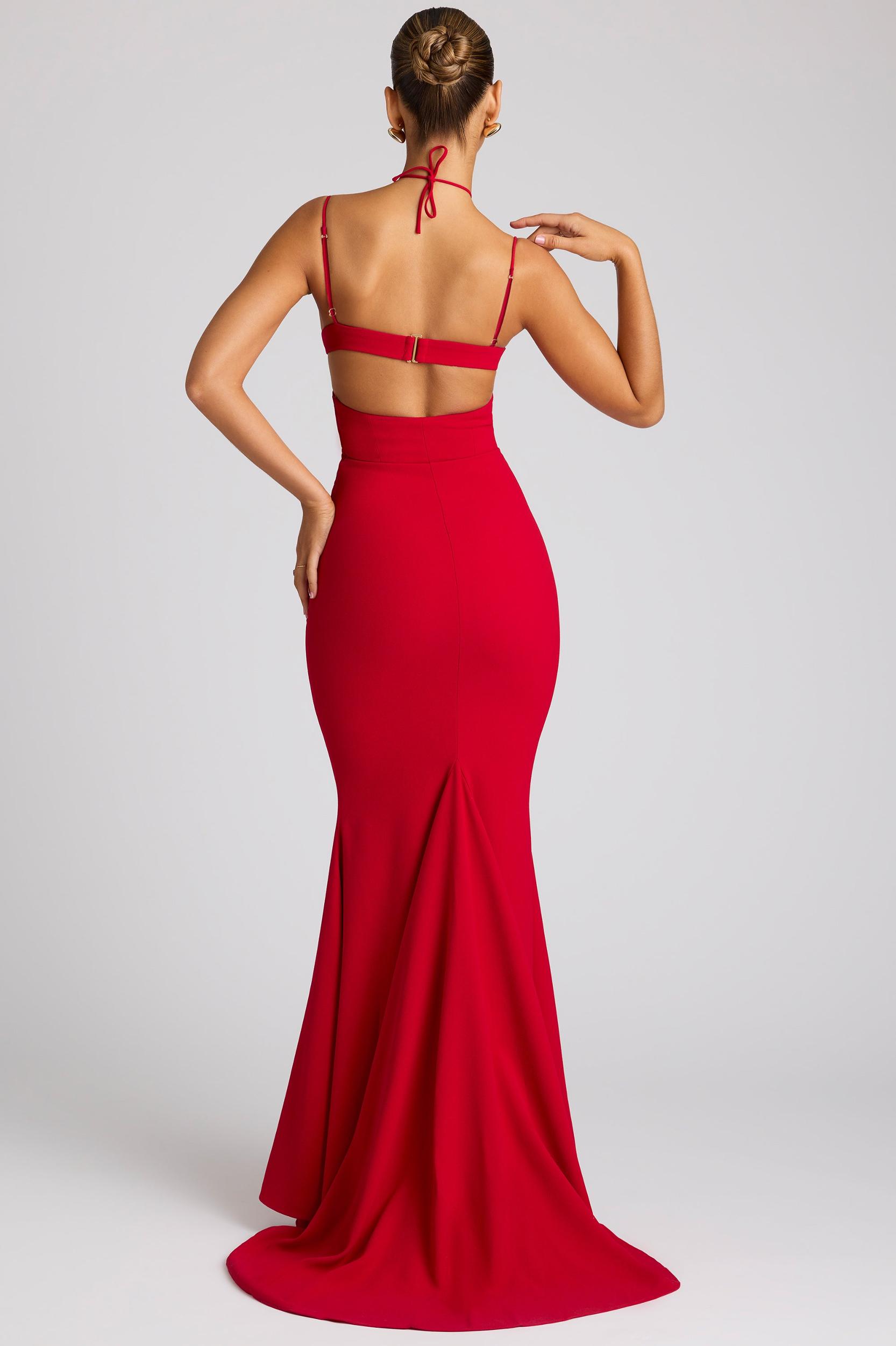 Embellished Heart Cup Detail Evening Gown in Fire Red Product Image