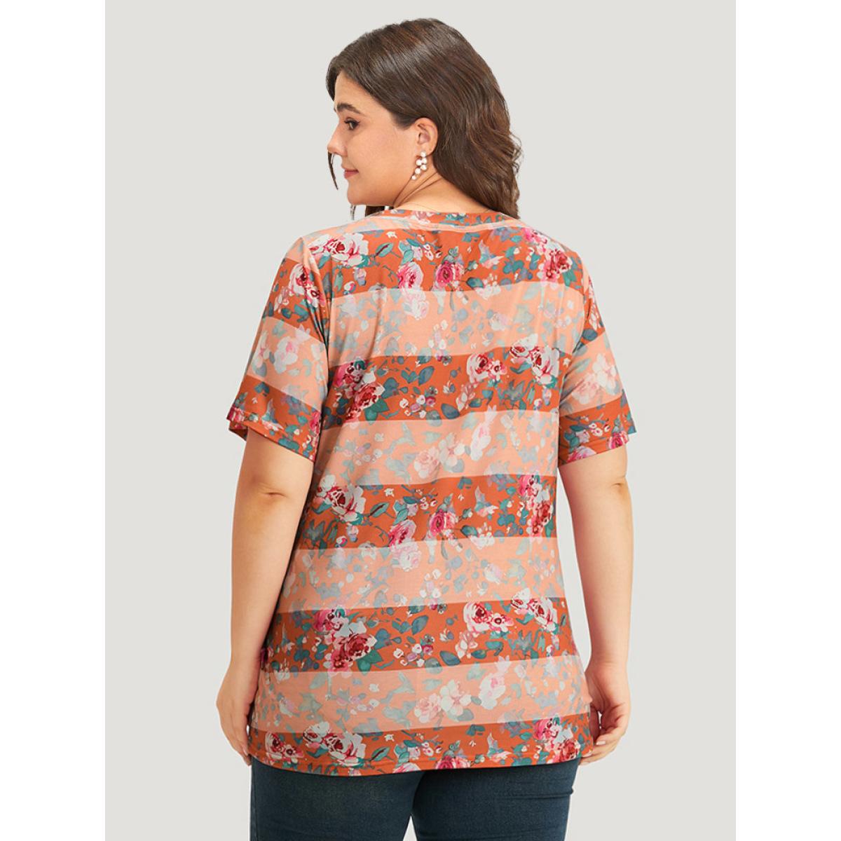 Plus Size Halloween Floral Print Striped Crew Neck T-shirt Multicolor Women Casual Printed Plants Round Neck Festival-Halloween T-shirts BloomChic 22-24/3X Product Image