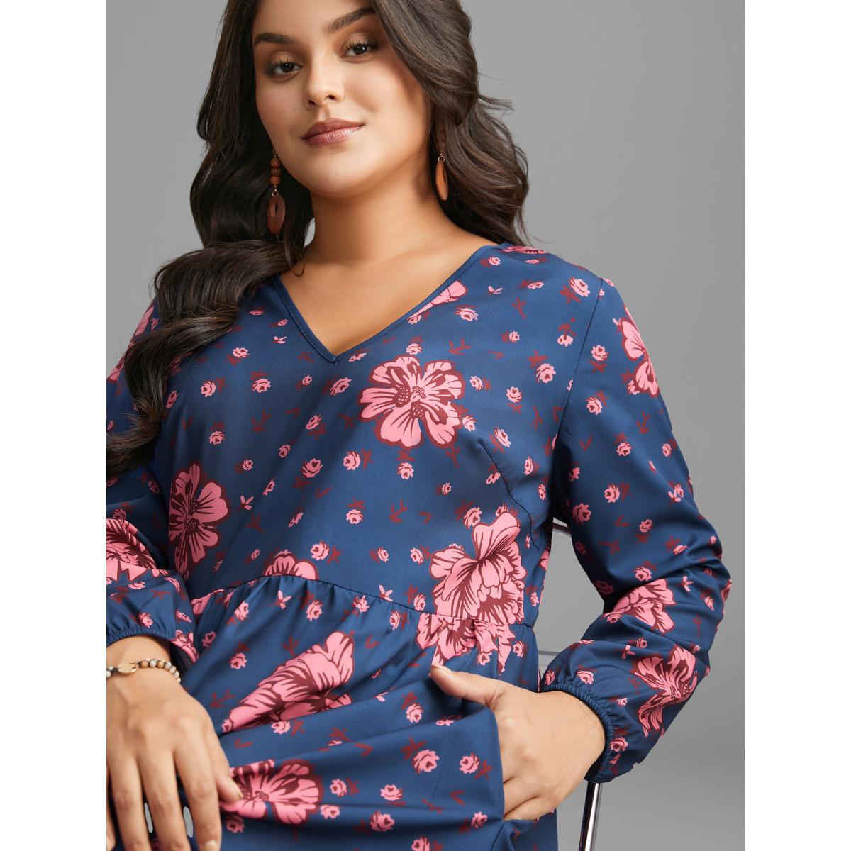 Plus Size Boho Print V Neck Elastic Waist Dress Midnight Women Resort Non V-neck Long Sleeve Curvy BloomChic 26/4X Product Image