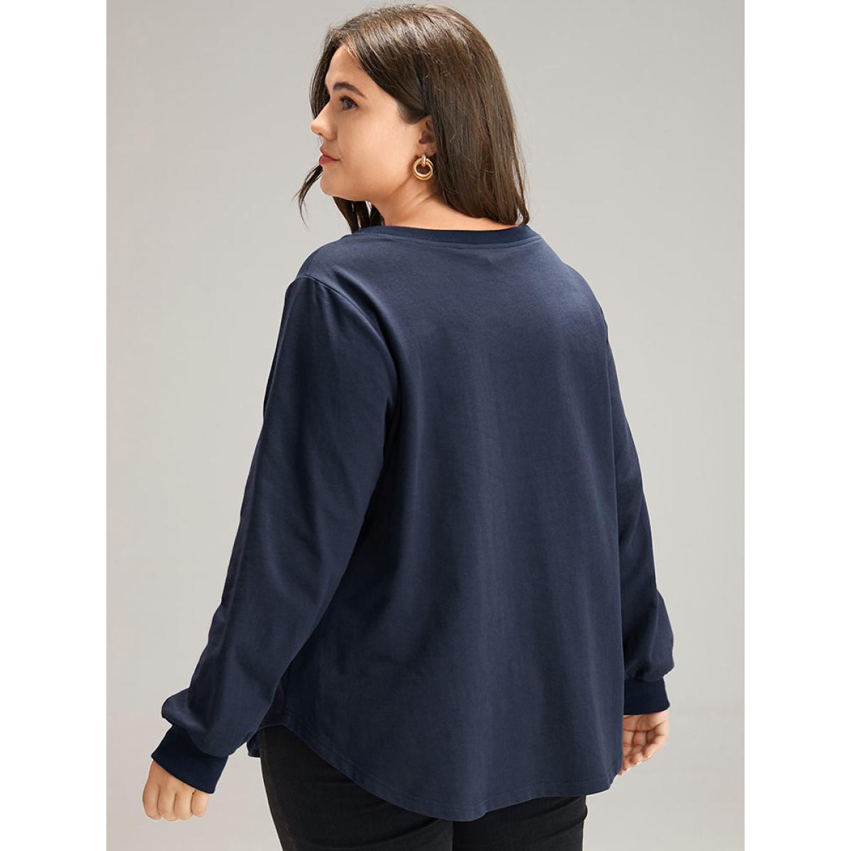 Plus Size Cotton Curved Hem Elastic Cuffs Sweatshirt Women Indigo Casual Elastic cuffs Round Neck Dailywear Sweatshirts BloomChic 22-24/3X Product Image