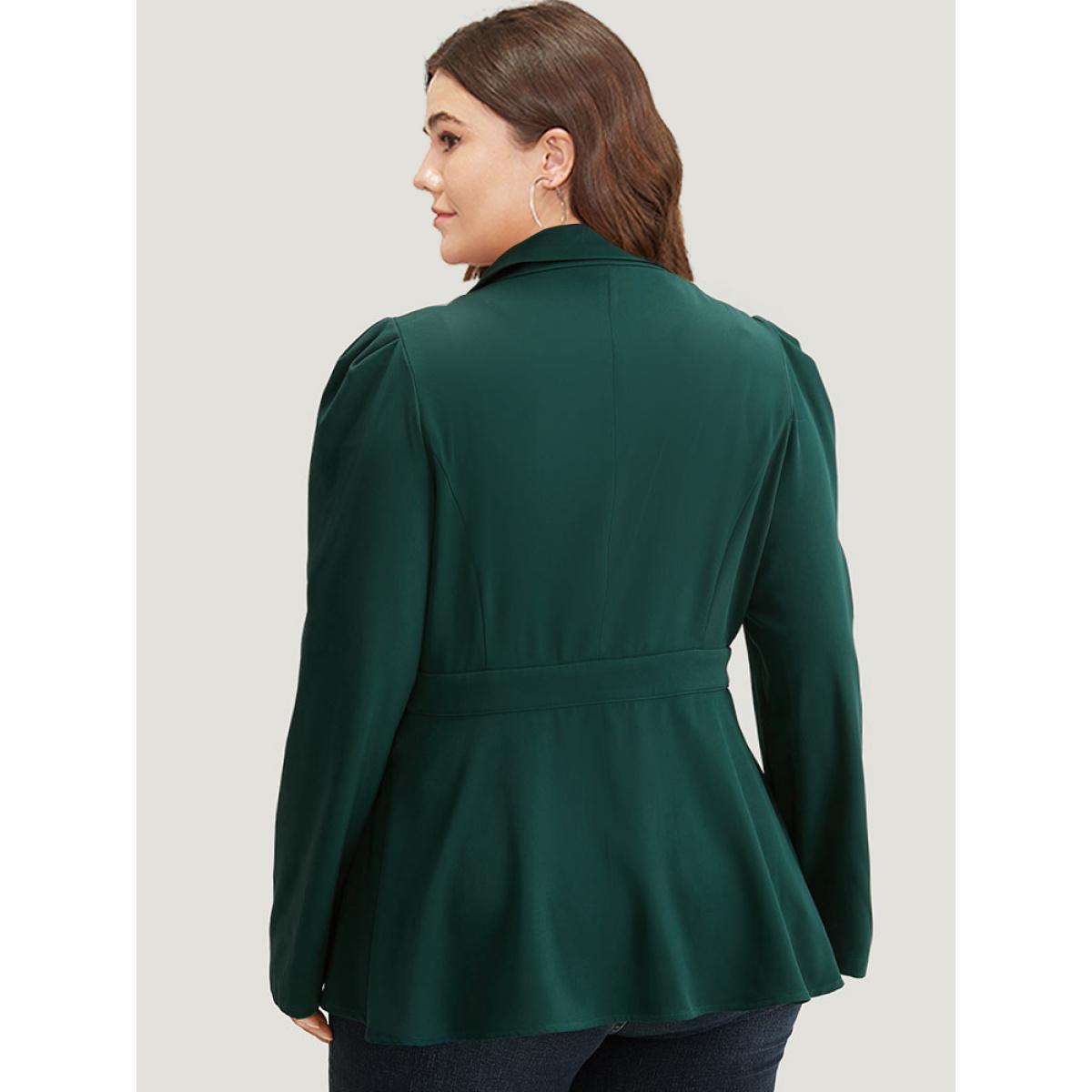 Plus Size Button Fly Waistline Inside Blazer DarkGreen Women Work Plain Gathered Sleeve Long Sleeve Suit Collar 28/5X At the Office Blazers BloomChic Product Image