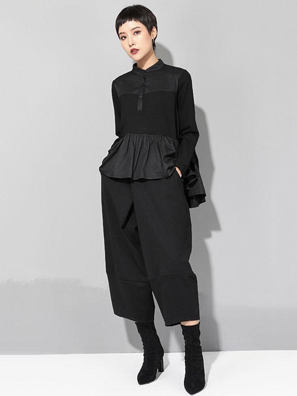 Original Creation Long Sleeves Loose Falbala Split-Joint Stand Collar T-Shirts Tops Product Image