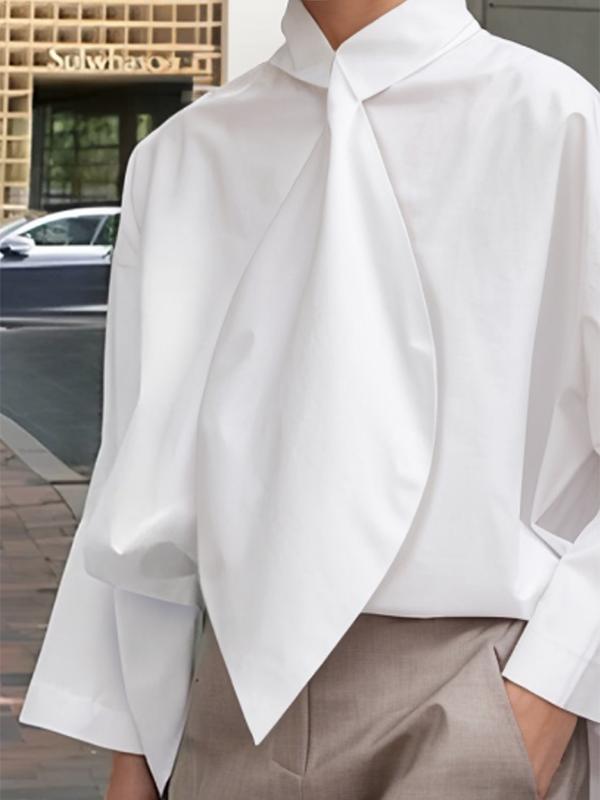 Long Sleeves Loose Solid Color Tied Stand Collar Blouses&Shirts Tops Product Image