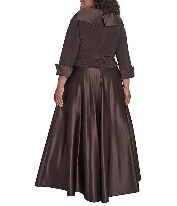 Jessica Howard Plus Size Portrait Collar V-Neck 3/4 Sleeve Rhinestone Cuff Ruched Waist Satin Gown Product Image