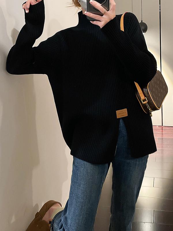 Long Sleeves Loose Split-Front Mock Neck Pullovers Sweater Tops Product Image