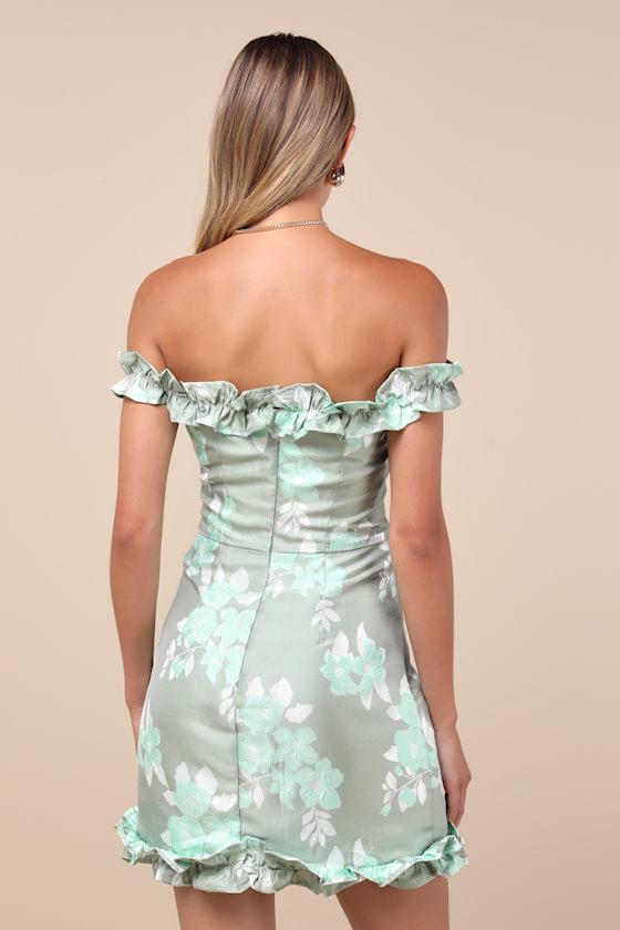Pop the Bottle Sage Green Floral Jacquard Ruffled Mini Dress Product Image