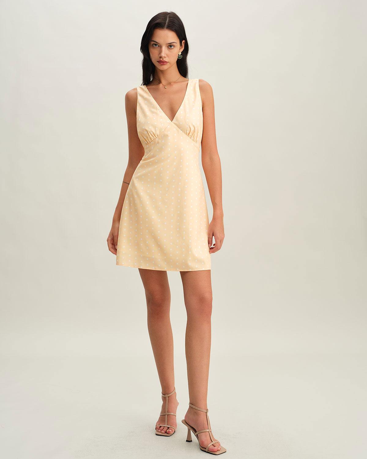 Yellow V Neck Polka Dot Sleeveless Mini Dress Product Image